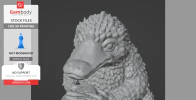 A 3D model of a textured creature with a beak-like snout holding a coin, designed for 3D printing.