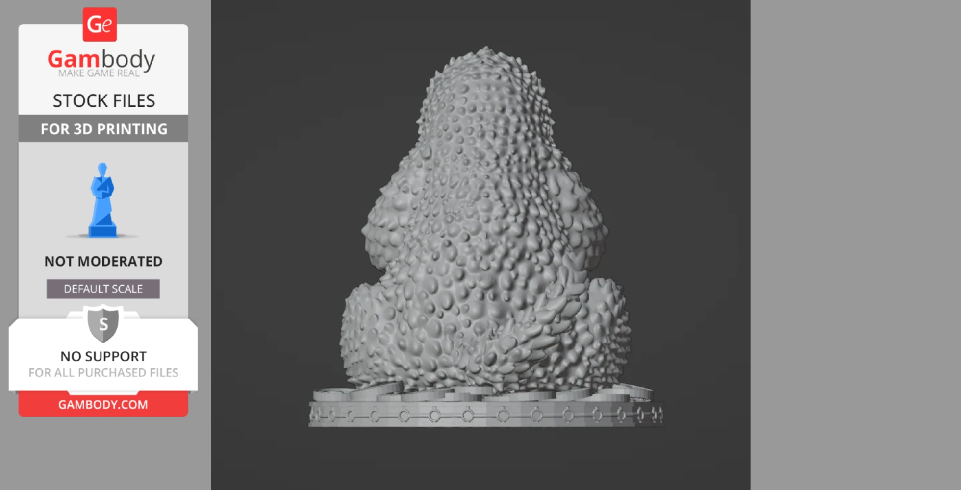 A detailed 3D model of a Niffler, coated with textured bumps, sitting on a circular base.