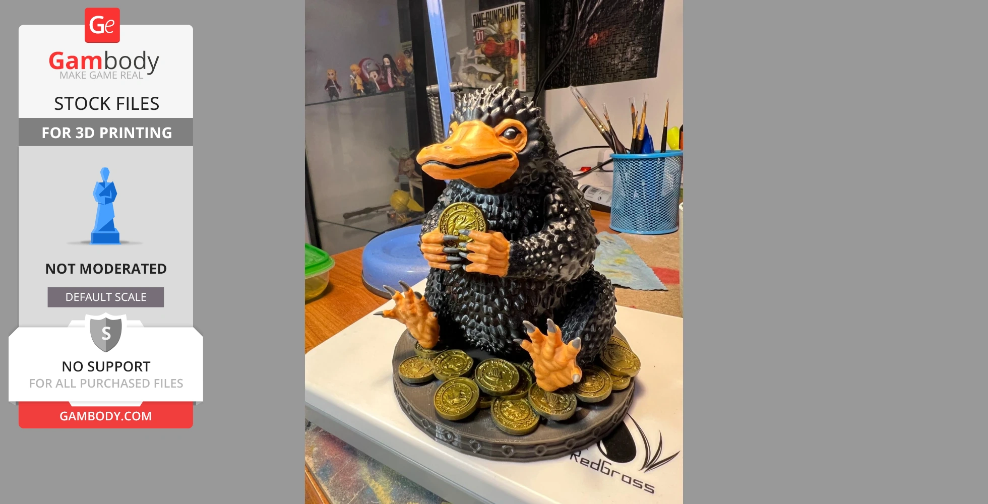 A 3D printed, whimsical creature holding coins, sitting on a base surrounded by more coins.