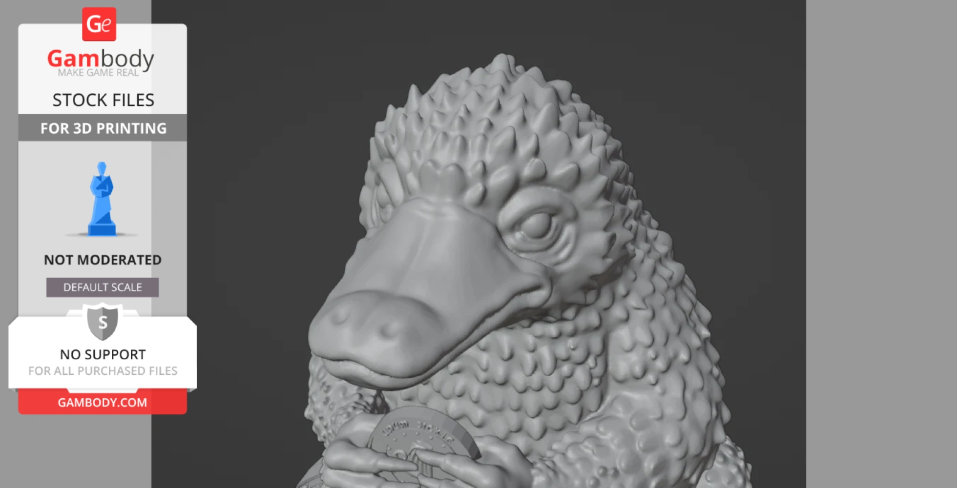 A 3D model of a textured creature with a beak-like snout holding a coin, designed for 3D printing.