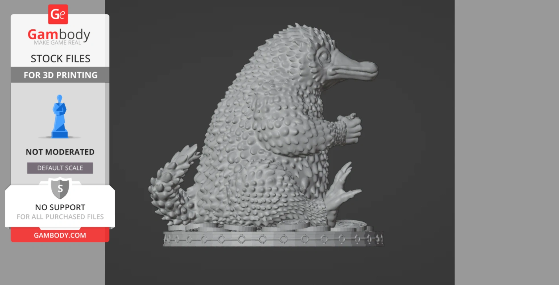 A spiky, creature-like 3D model in a seated pose on a circular base, designed for 3D printing.