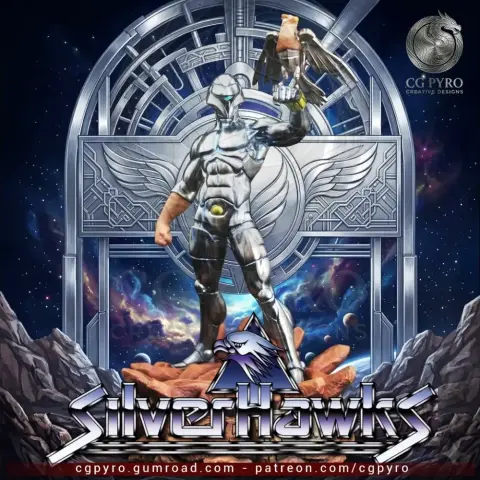 Silver armored figure with bird on arm, detailed metallic finish, posed heroically.