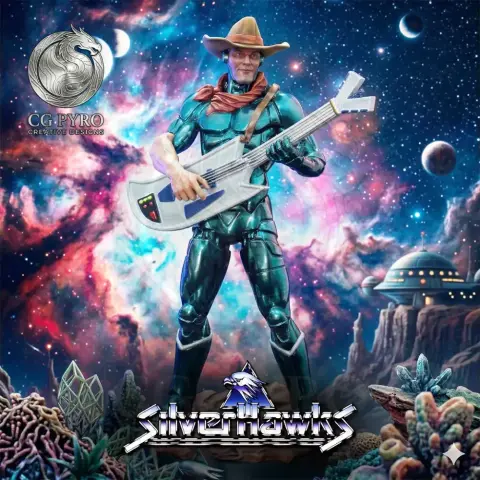 A futuristic cowboy figure in a metallic suit holding a guitar-like weapon.