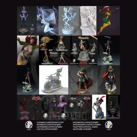 A female magician figure in top hat and fishnets, posed on a pedestal with rabbits and skulls.