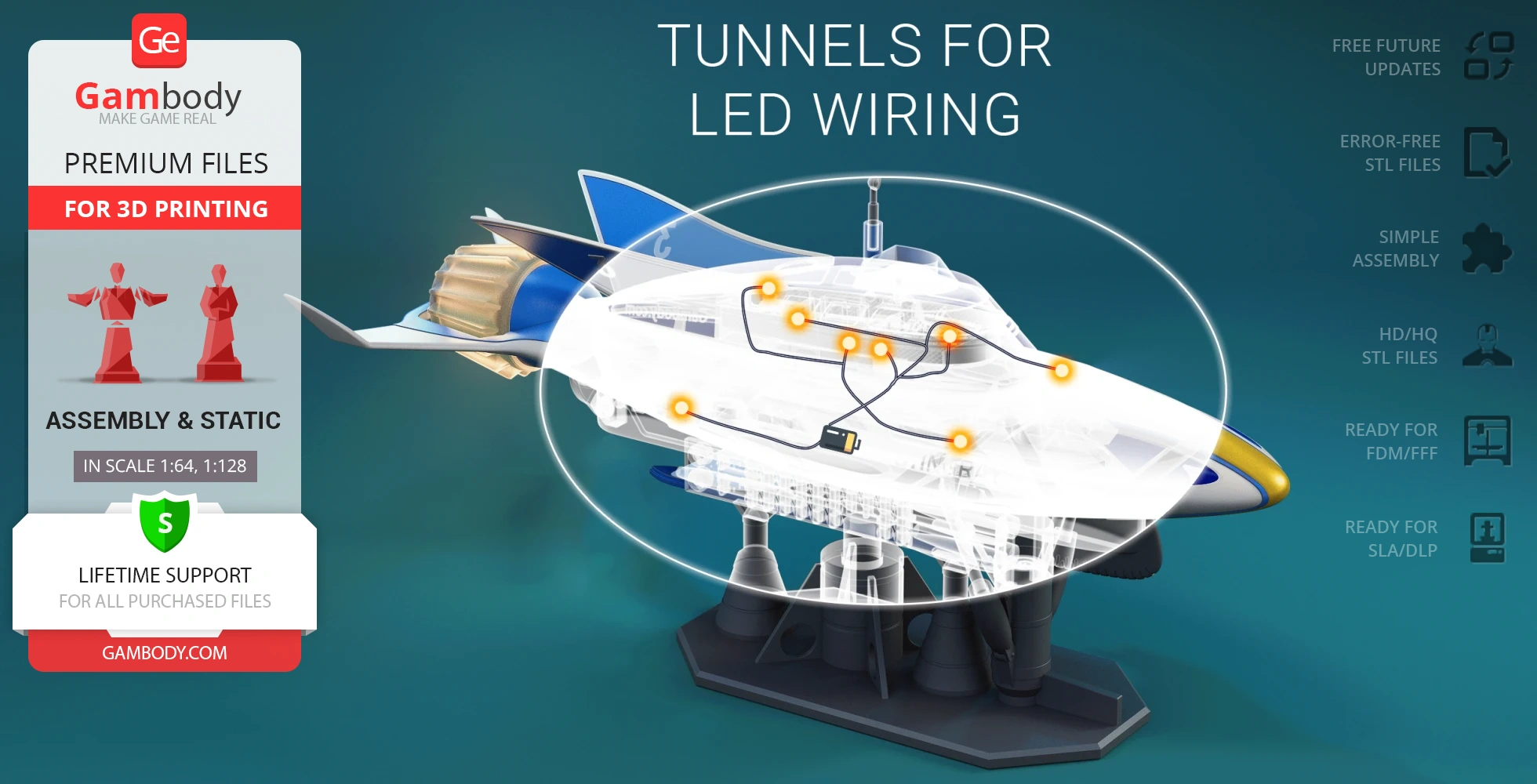3D model of a futuristic stingray-shaped vehicle with LED wiring tunnels highlighted.