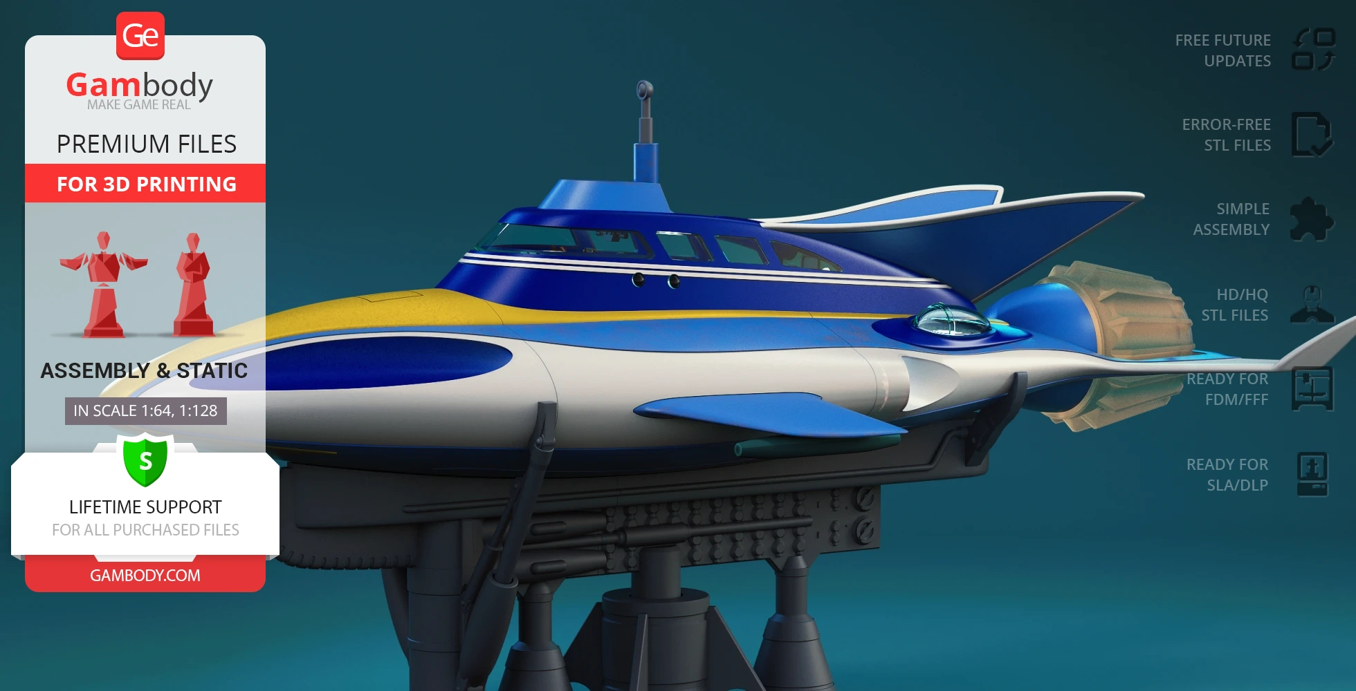 Futuristic blue and yellow submarine model with fins and propellers, designed for 3D printing.