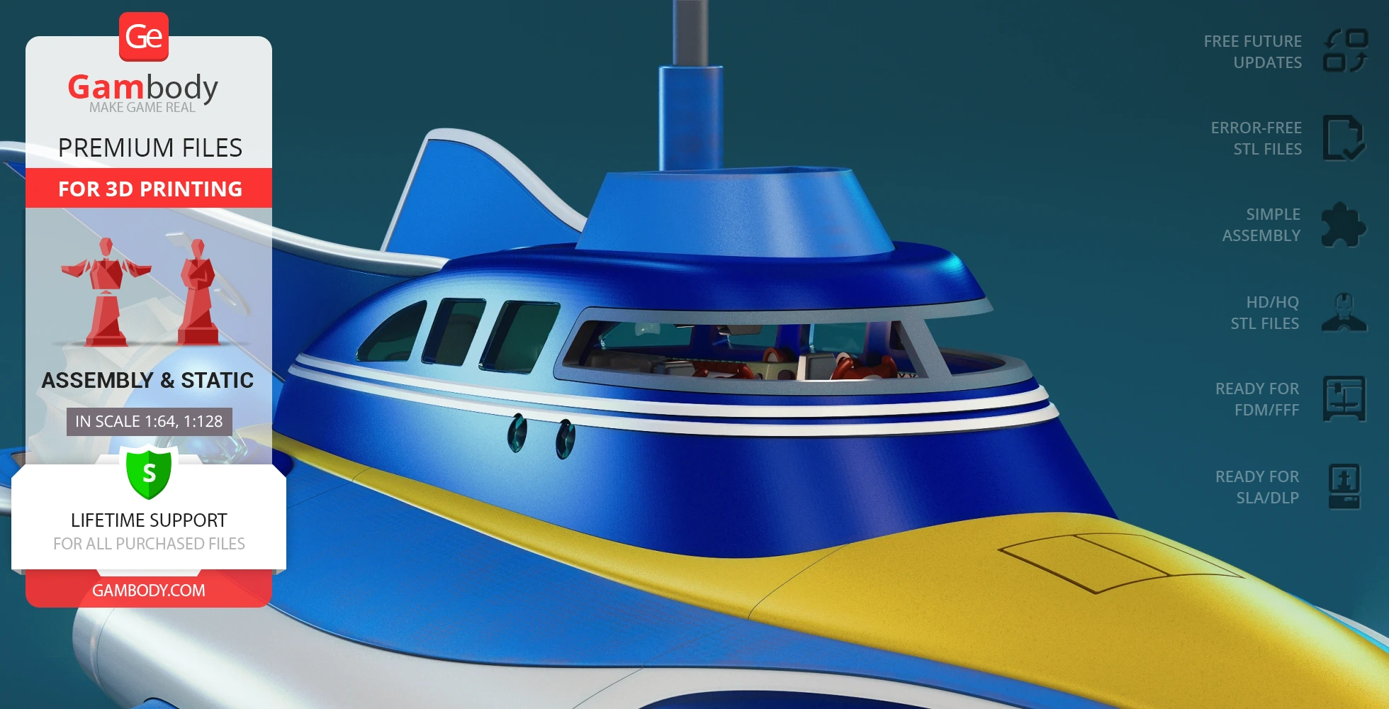A blue and yellow futuristic vehicle model with a streamlined design, available for 3D printing.