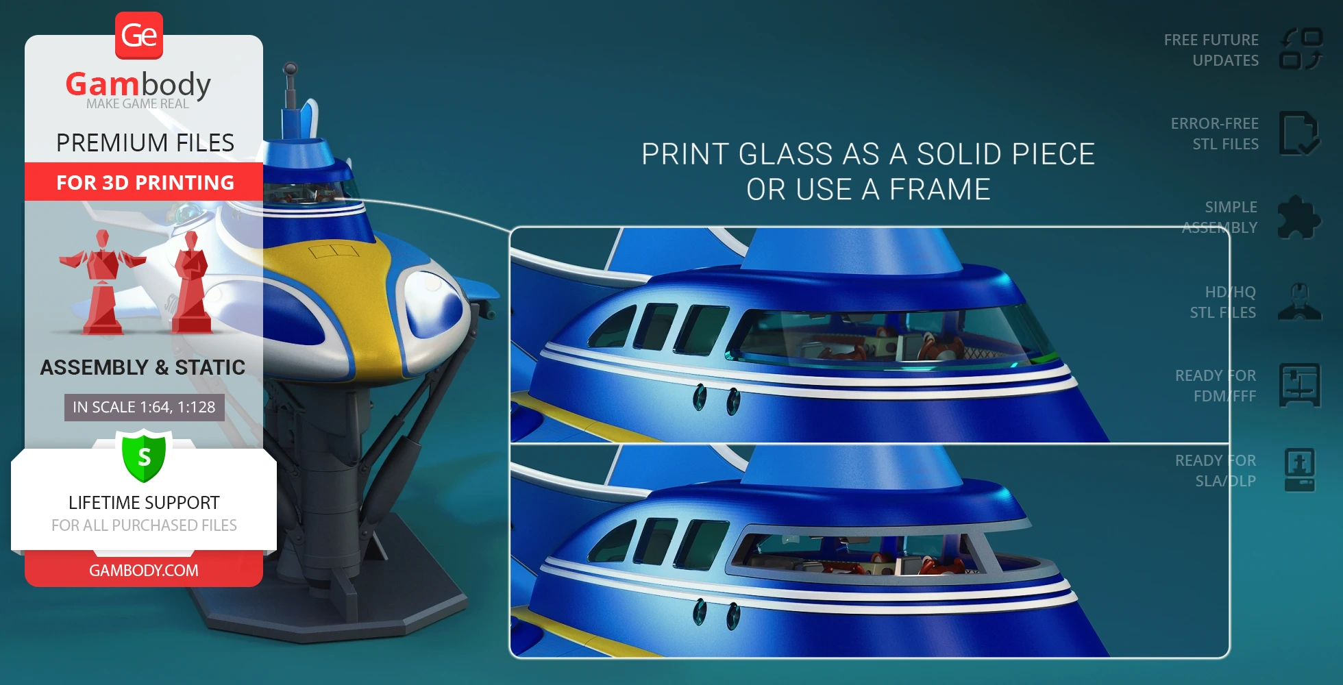 3D model of a futuristic blue and yellow vehicle with detailed windows, ready for 3D printing.