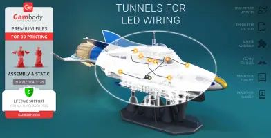 3D model of a futuristic stingray-shaped vehicle with LED wiring tunnels highlighted.