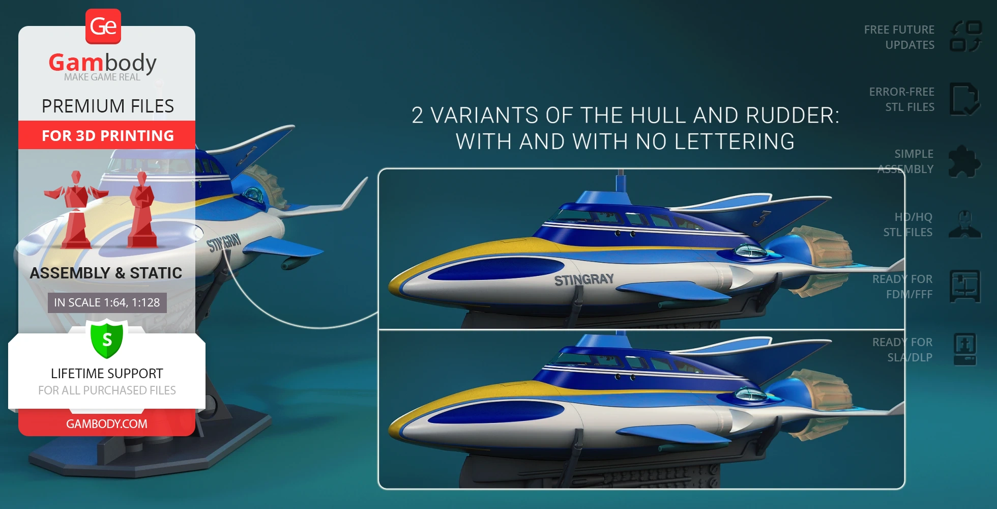 Futuristic blue and yellow Stingray model with two hull variants for 3D printing.