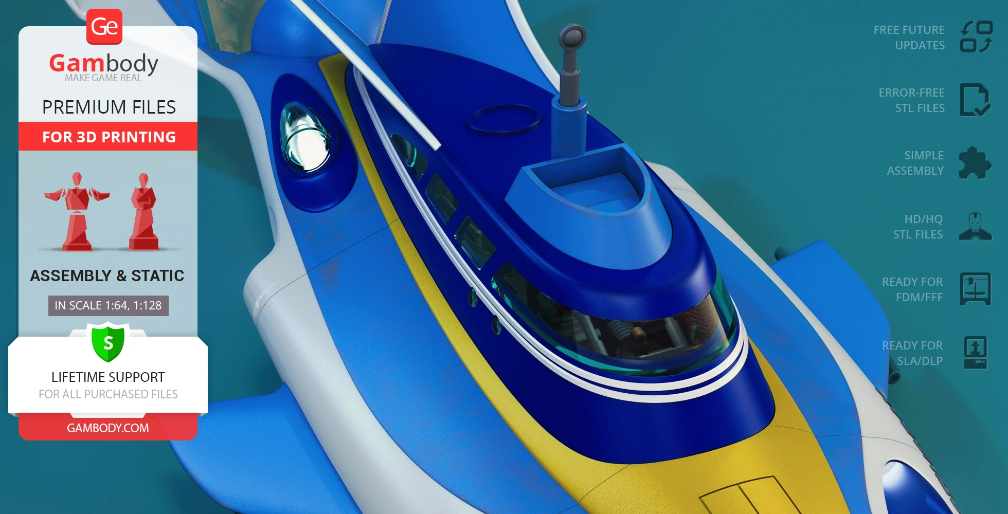 Blue and yellow futuristic vehicle model, featuring a sleek design with windows and detailing for 3D printing.