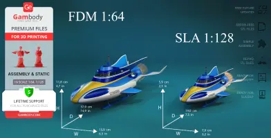 Two blue and yellow futuristic submarines, scaled at 1:64 and 1:128 for 3D printing.