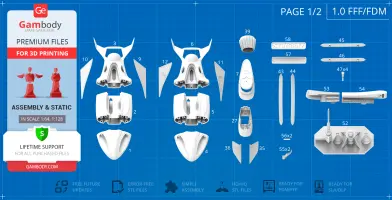Exploded view of a Stingray 3D model kit, featuring detailed parts for assembly on a blue grid background.