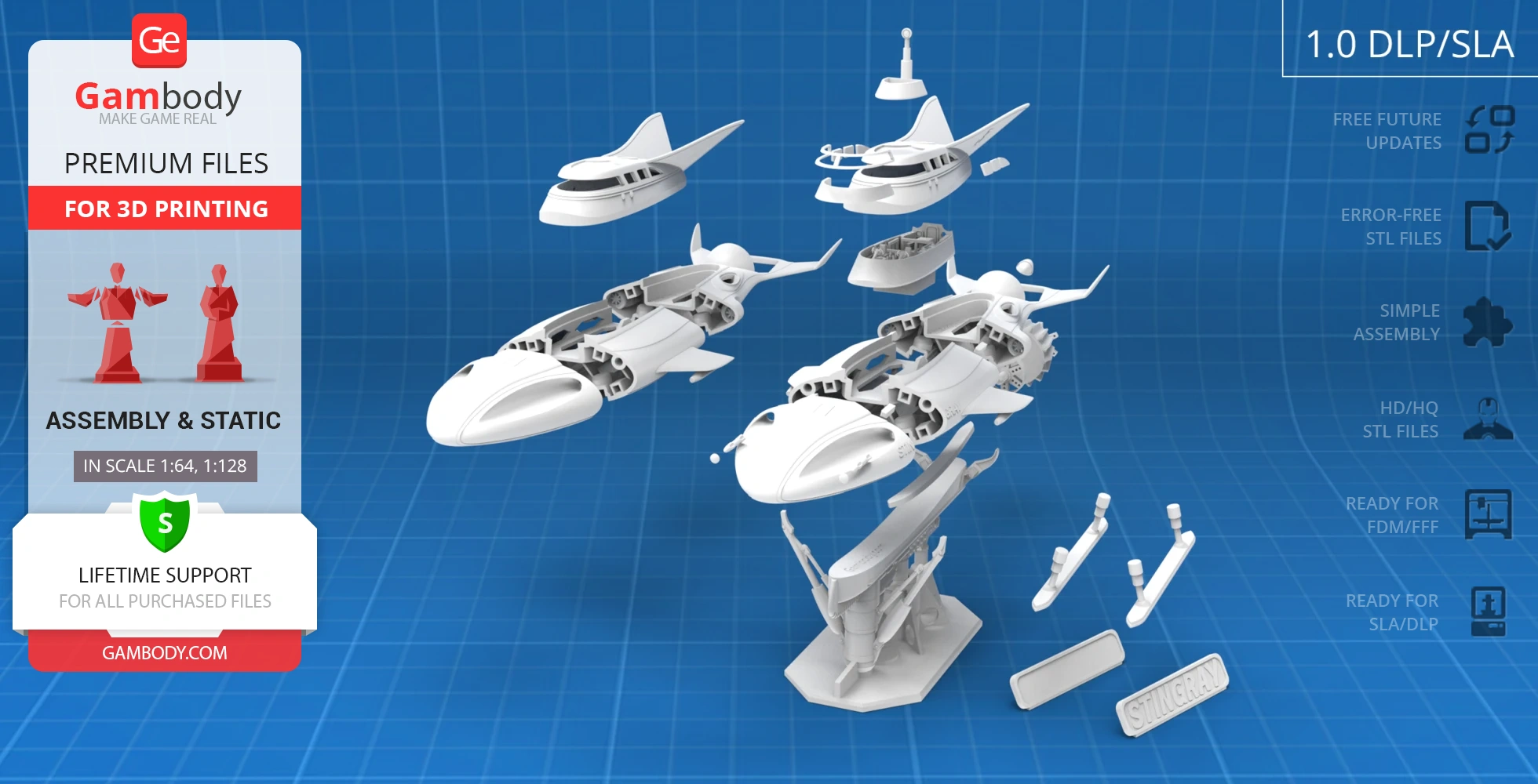 Exploded view of a detailed 3D model spaceship with assembly parts, ready for 3D printing.