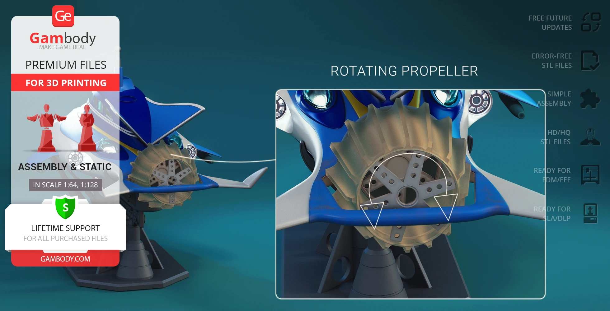 Futuristic blue stingray vehicle model with propeller, designed for 3D printing by Gambody.