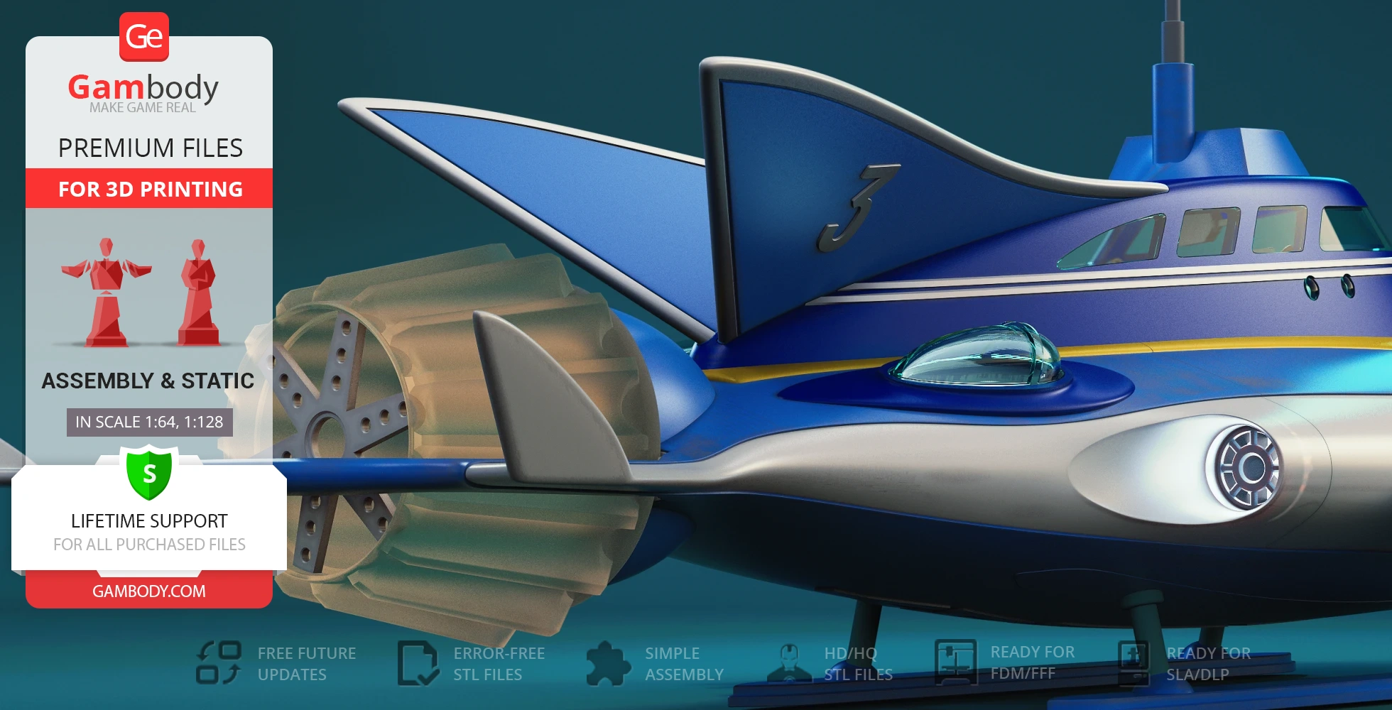 Blue futuristic submarine with turbines and fins, labeled "3," featured for 3D printing on Gambody.