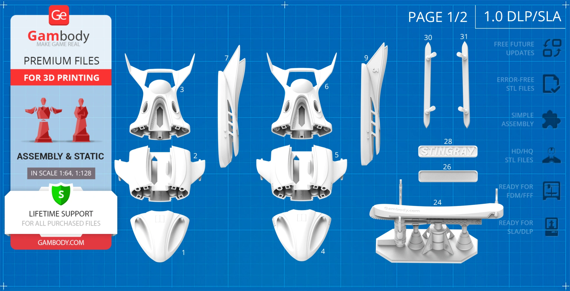 Stingray 3D model assembly parts and instructions for printing on a blue grid background.