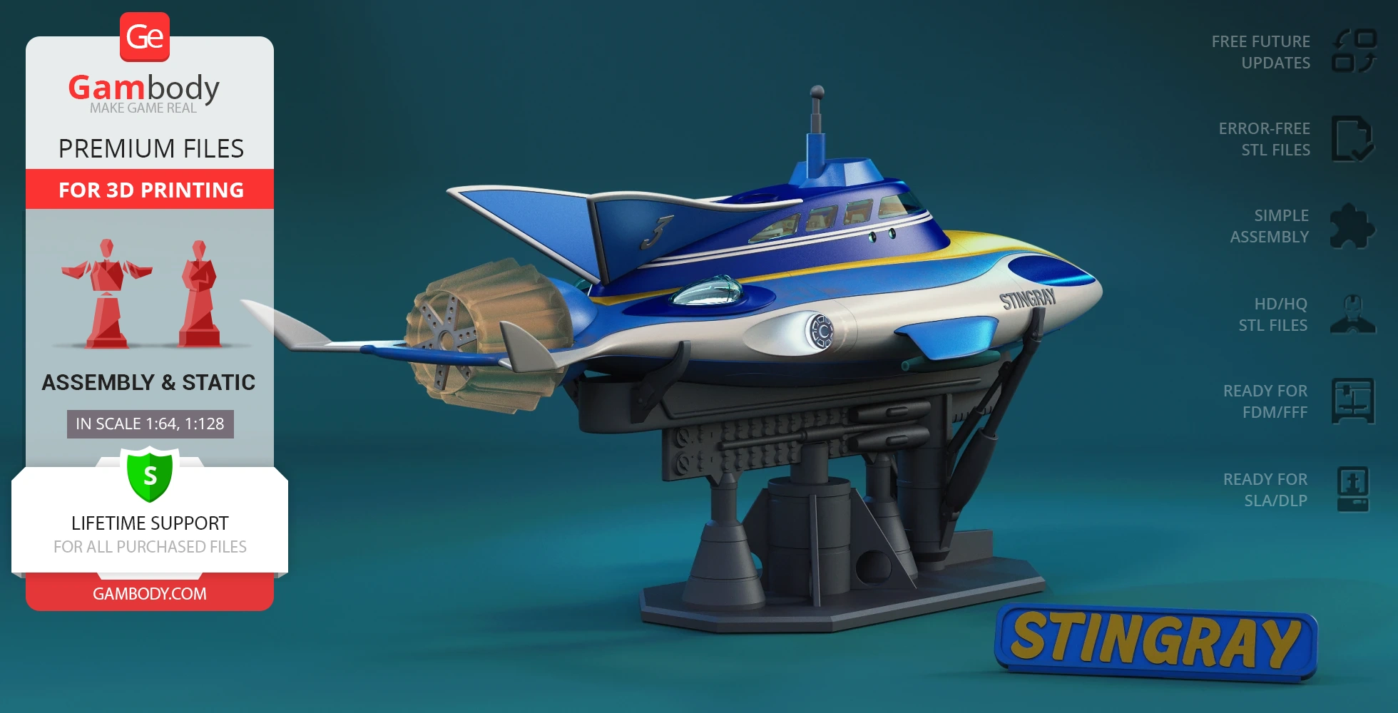 A futuristic blue and white submarine model named "Stingray" for 3D printing, displayed on a stand.