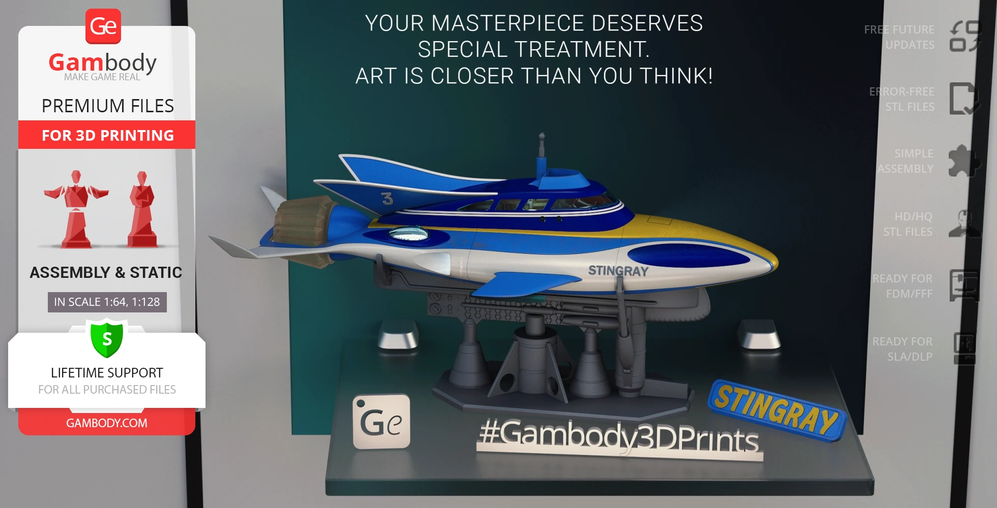 3D model of a futuristic blue, white, and yellow vehicle named "Stingray" displayed on a stand.