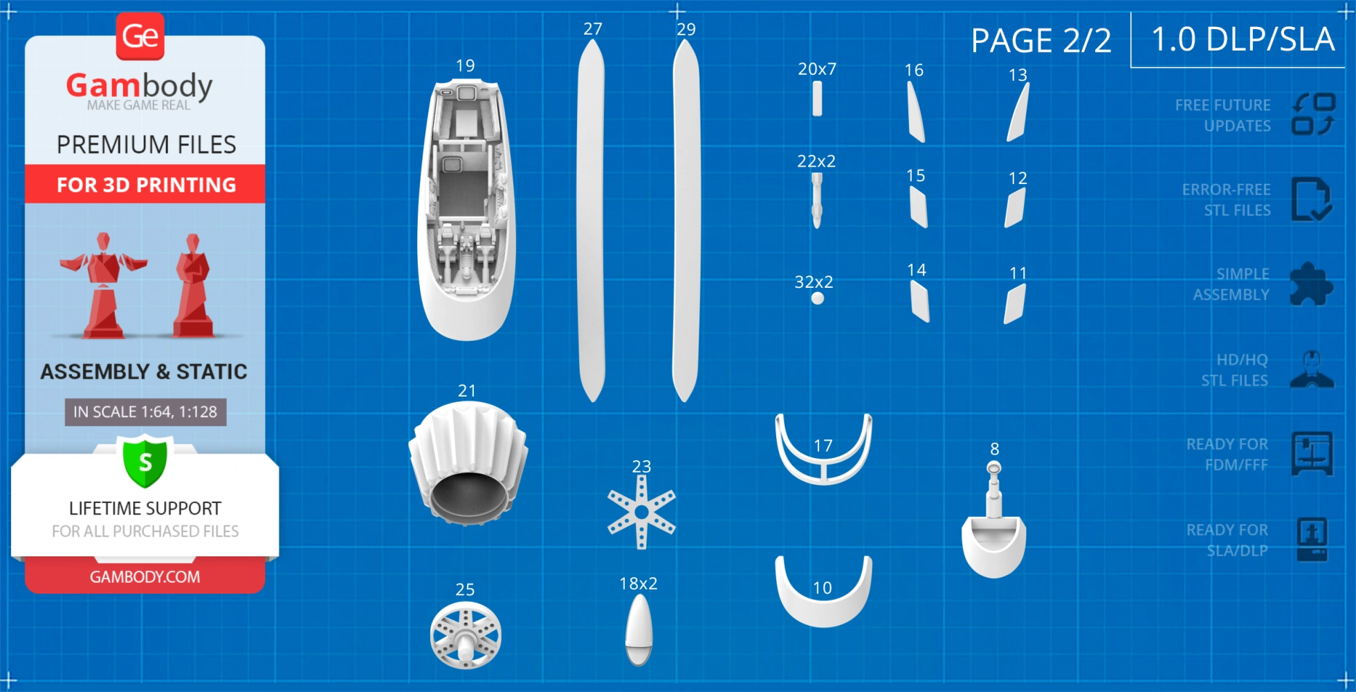 3D printable parts layout for building a Stingray model, displayed on a blue grid background.