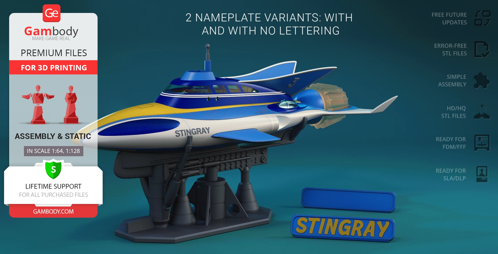 Futuristic submarine model "Stingray" with base display and nameplate for 3D printing.