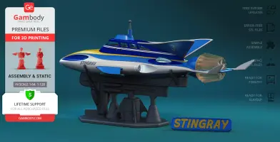 A 3D model of a futuristic blue and yellow submarine named Stingray, displayed on a stand.