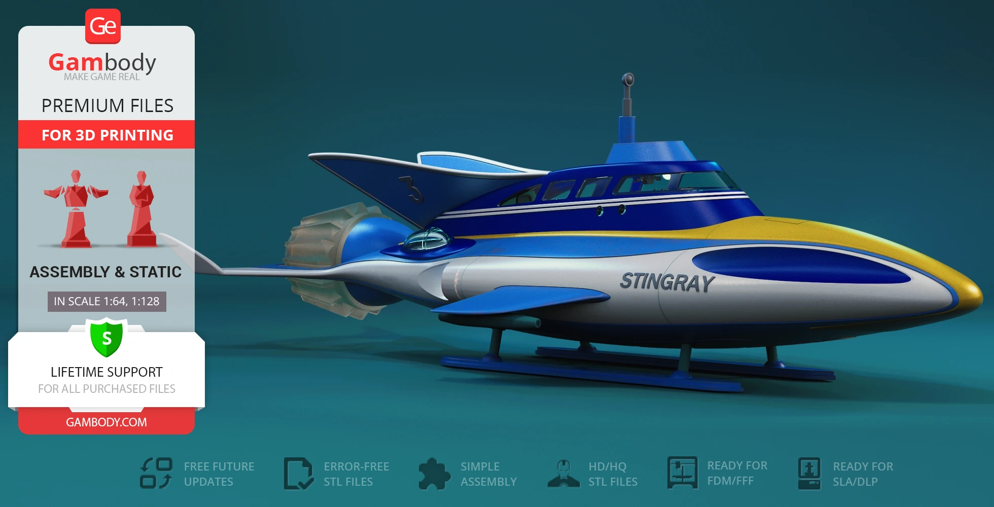 A sleek, futuristic blue and yellow Stingray submarine model, designed for 3D printing.