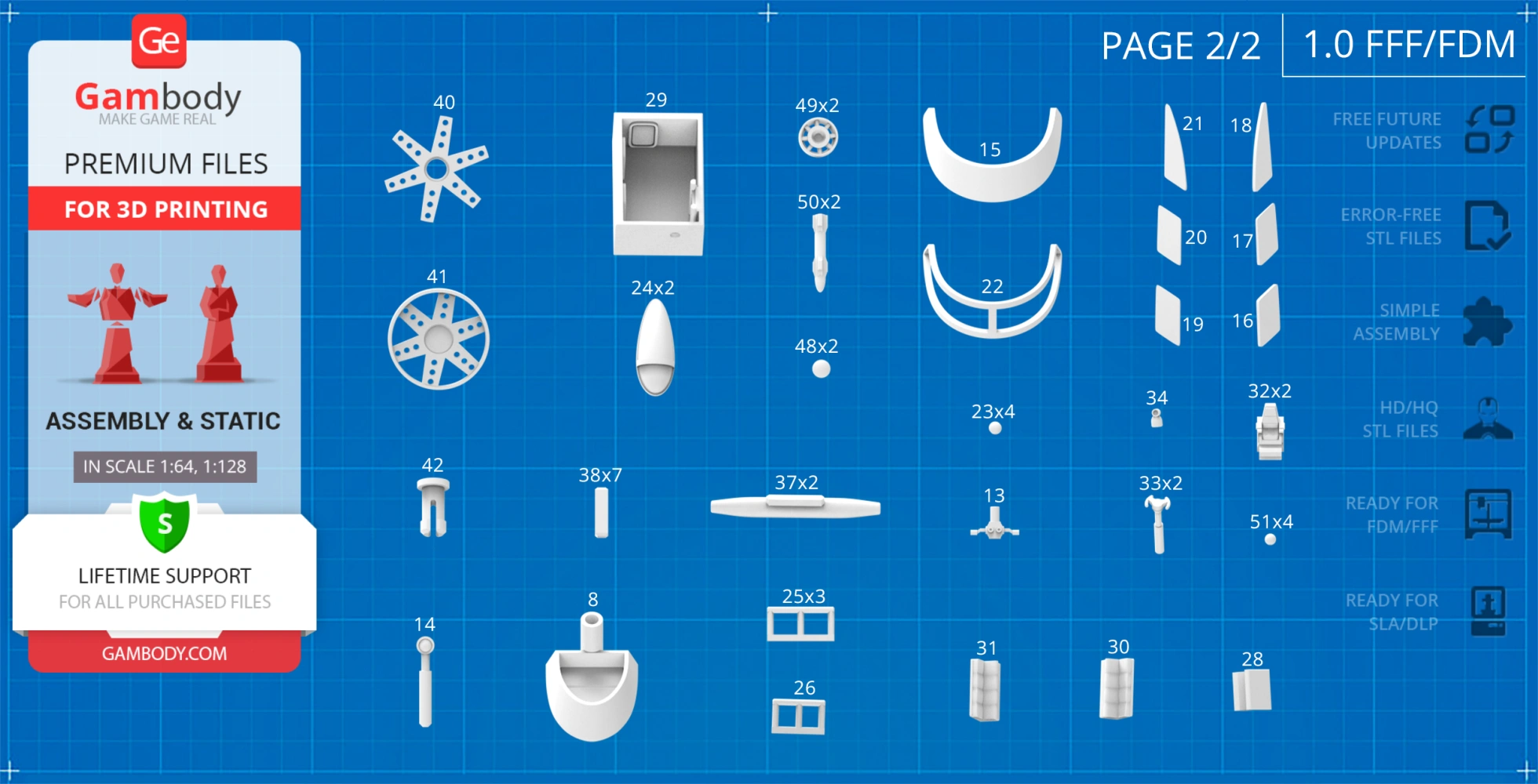 Blueprint-style layout showing Stingray 3D model parts, numbered for assembly, offered by Gambody.