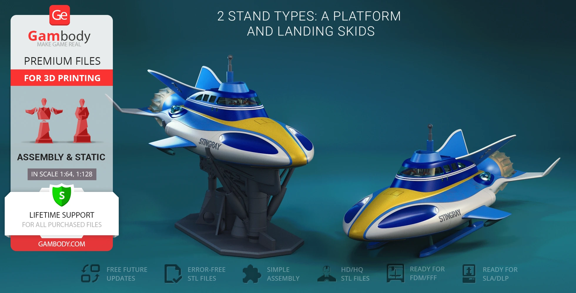 Futuristic, colorful model of a vehicle named Stingray, with landing skids and platform stand options.