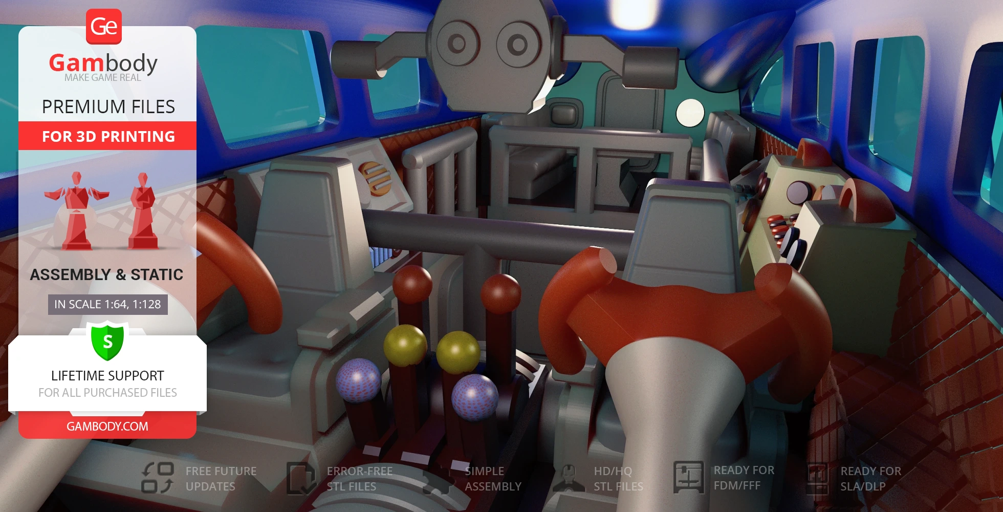 Interior of a 3D model vehicle cockpit with control levers and seats, designed for 3D printing.