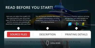 Interface showing options for Stingray 3D model: source files, description, and printing details.