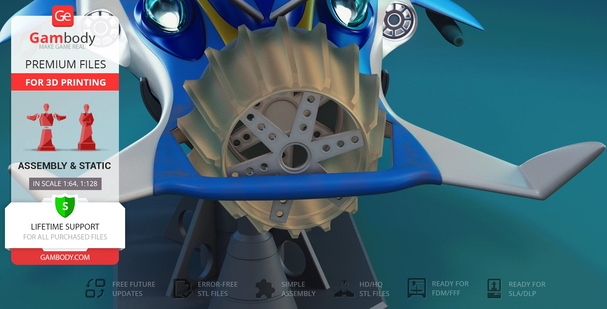 Blue and gray futuristic vehicle model with turbine detail, designed for 3D printing on Gambody.