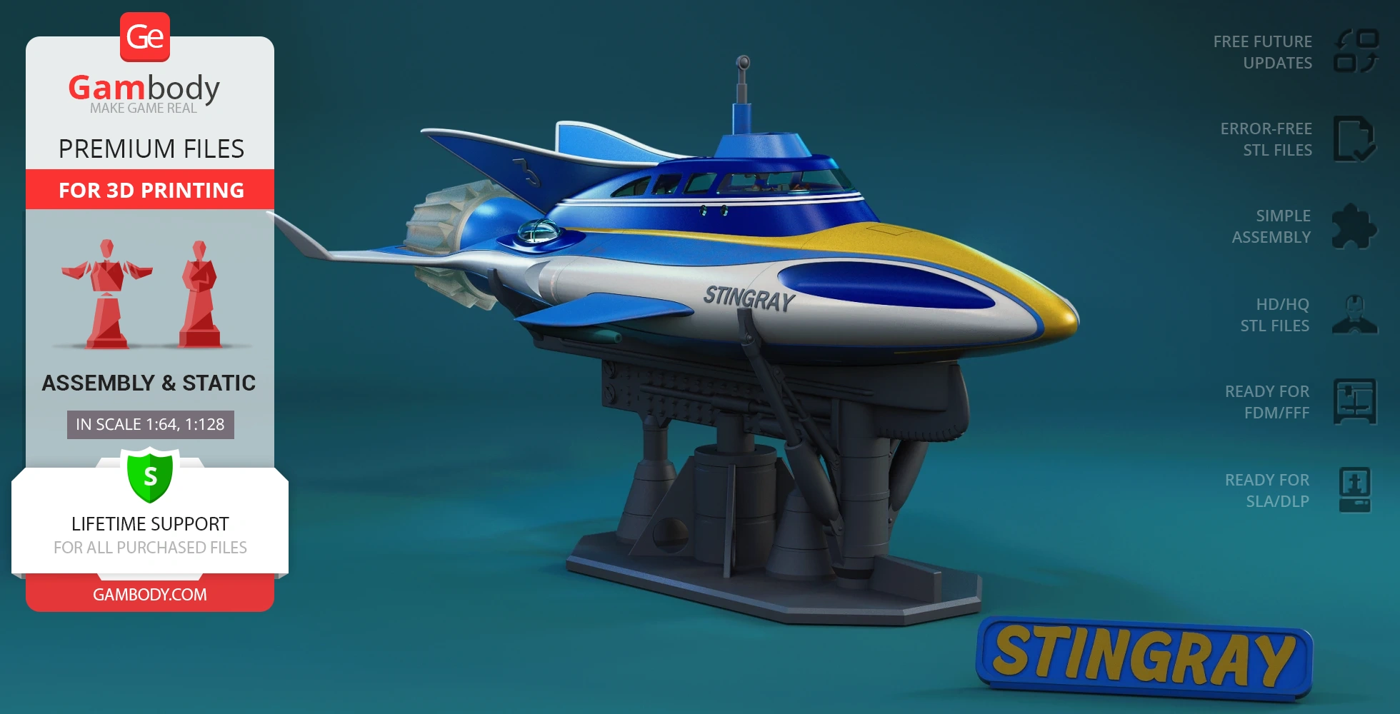 A sleek blue and yellow futuristic vehicle 3D model named "Stingray" on a display stand for 3D printing.