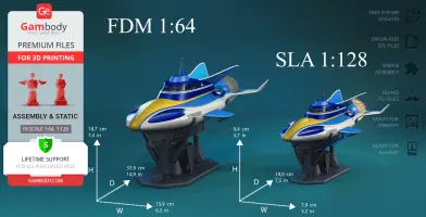 Futuristic Stingray model for 3D printing, available in scales 1:64 and 1:128, shown in two sizes.