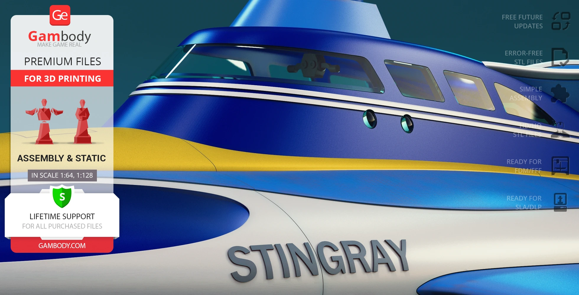 A blue and yellow futuristic vehicle with "STINGRAY" text, designed for 3D printing, window detailing visible.