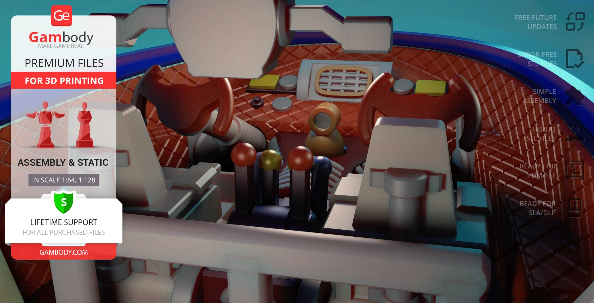 A detailed 3D model of a futuristic vehicle cockpit with controls and seats, designed for 3D printing.