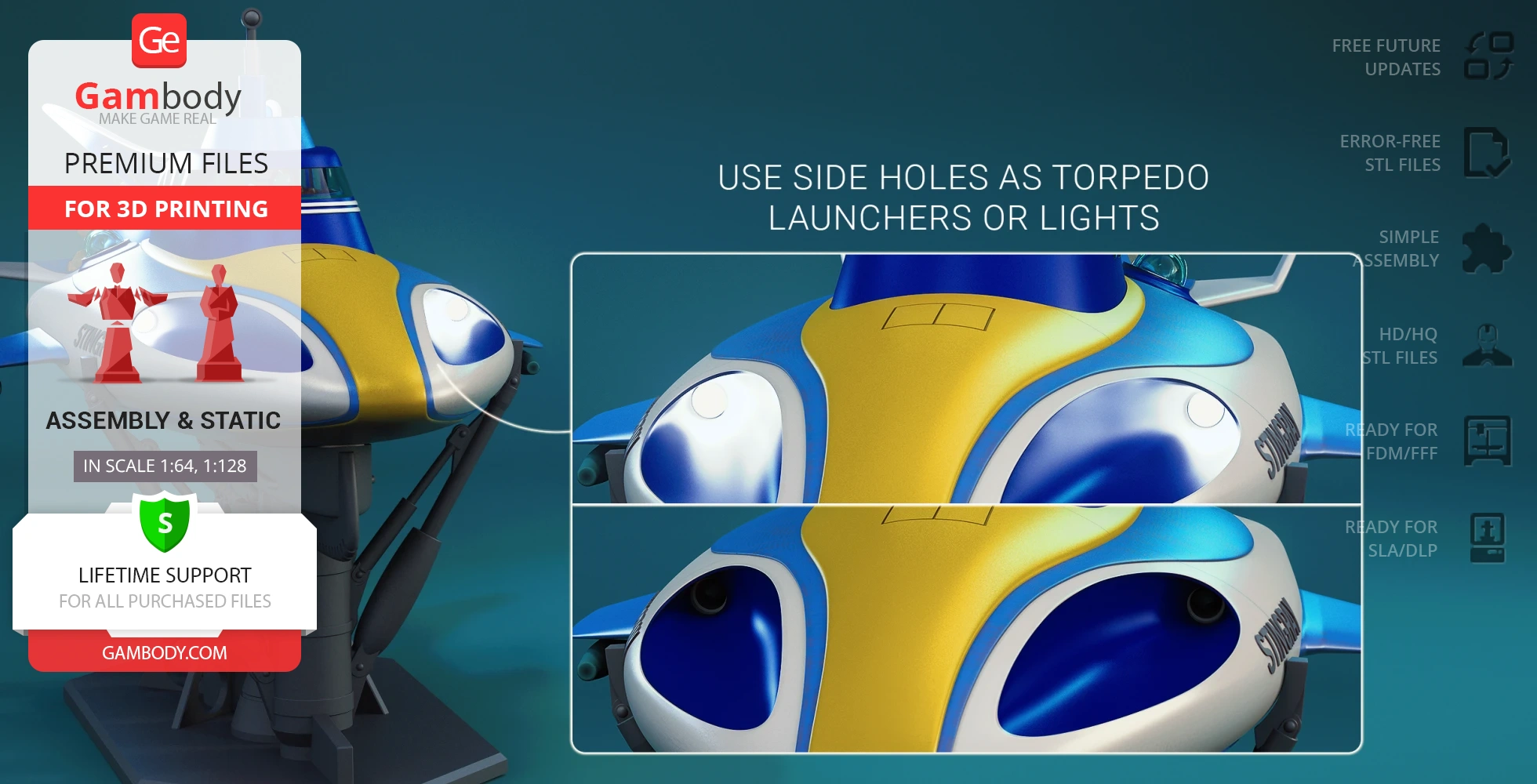 A 3D model of a futuristic vehicle resembling a stingray, with bold yellow and blue colors and circular openings.