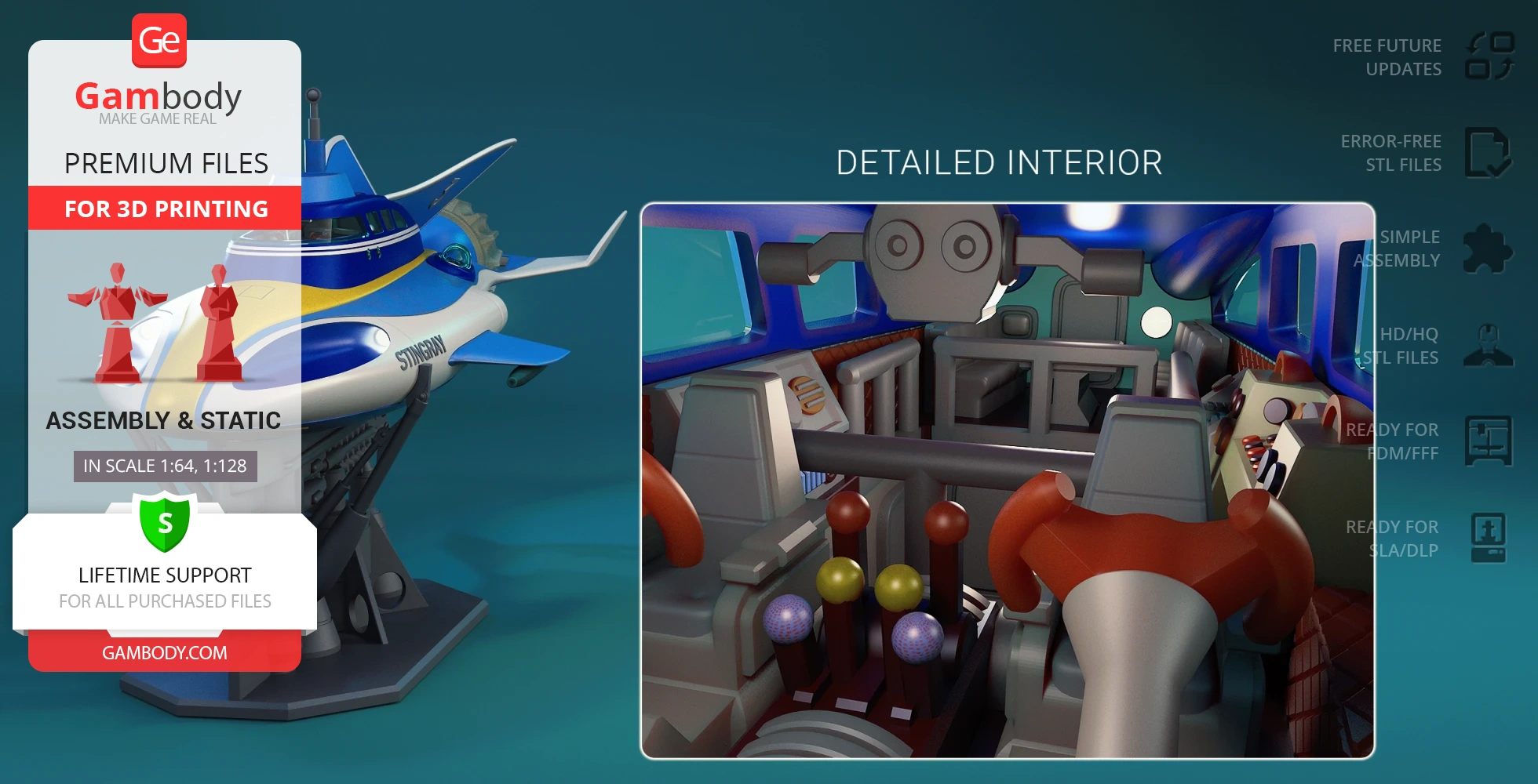 A futuristic blue and white aircraft model for 3D printing, showcasing a detailed cockpit interior.