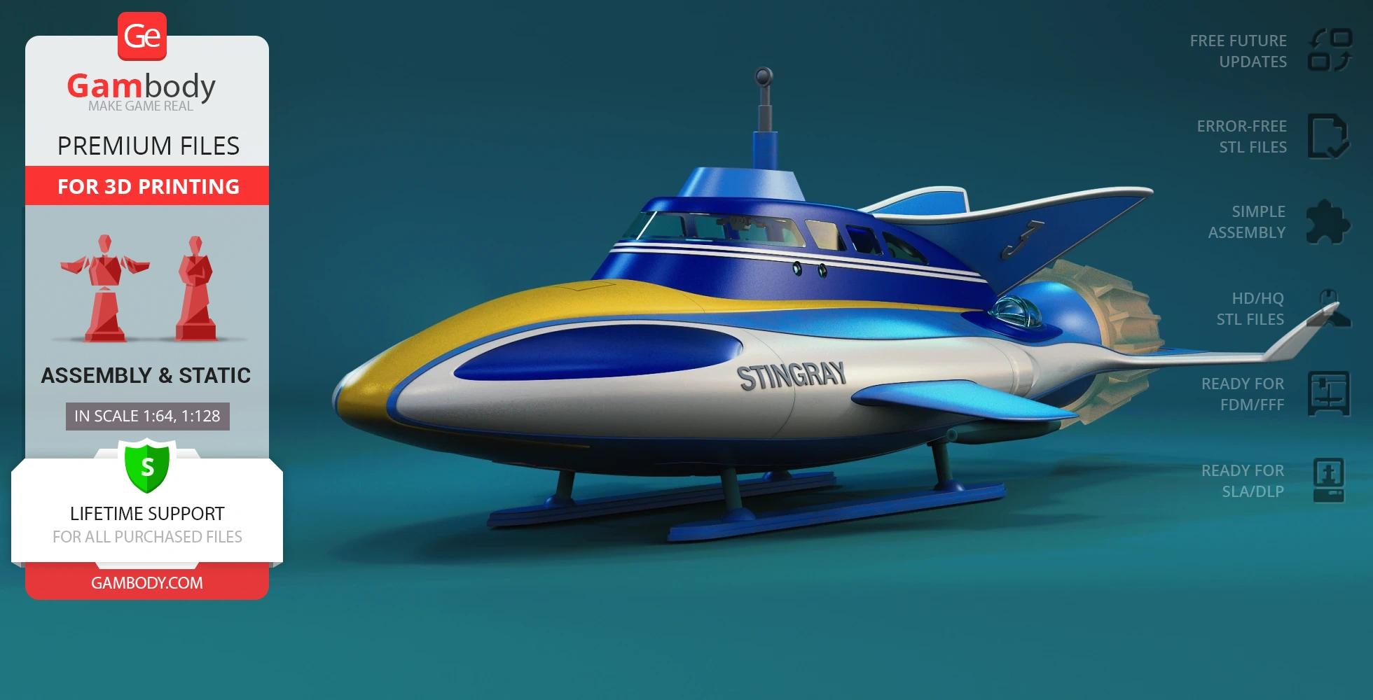 Futuristic, colorful Stingray submarine 3D model, designed for 3D printing with assembly options.
