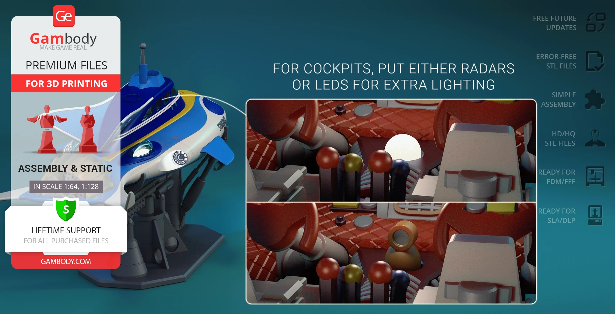 3D model of a blue and yellow stingray-inspired vehicle with cockpit details for 3D printing.