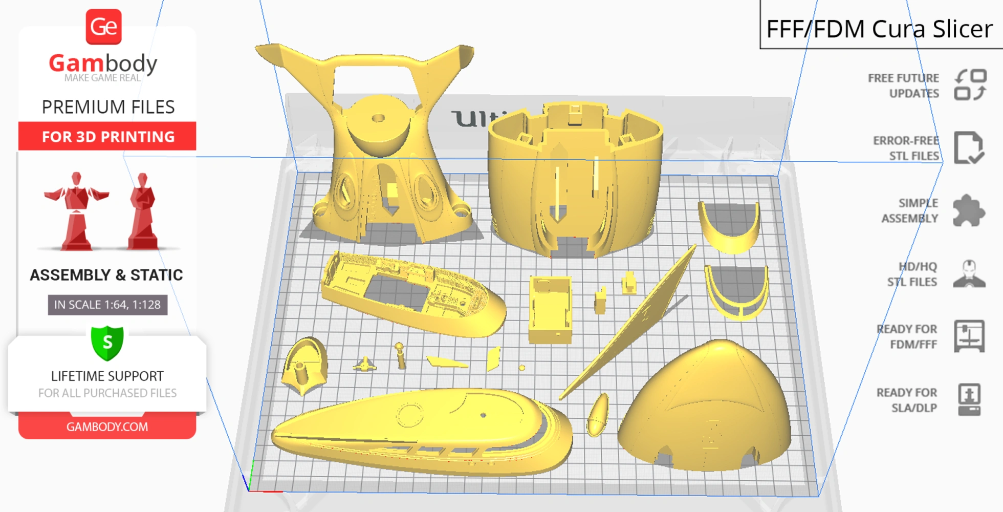 3D printable parts of a Stingray model displayed on a grid in a slicing software.