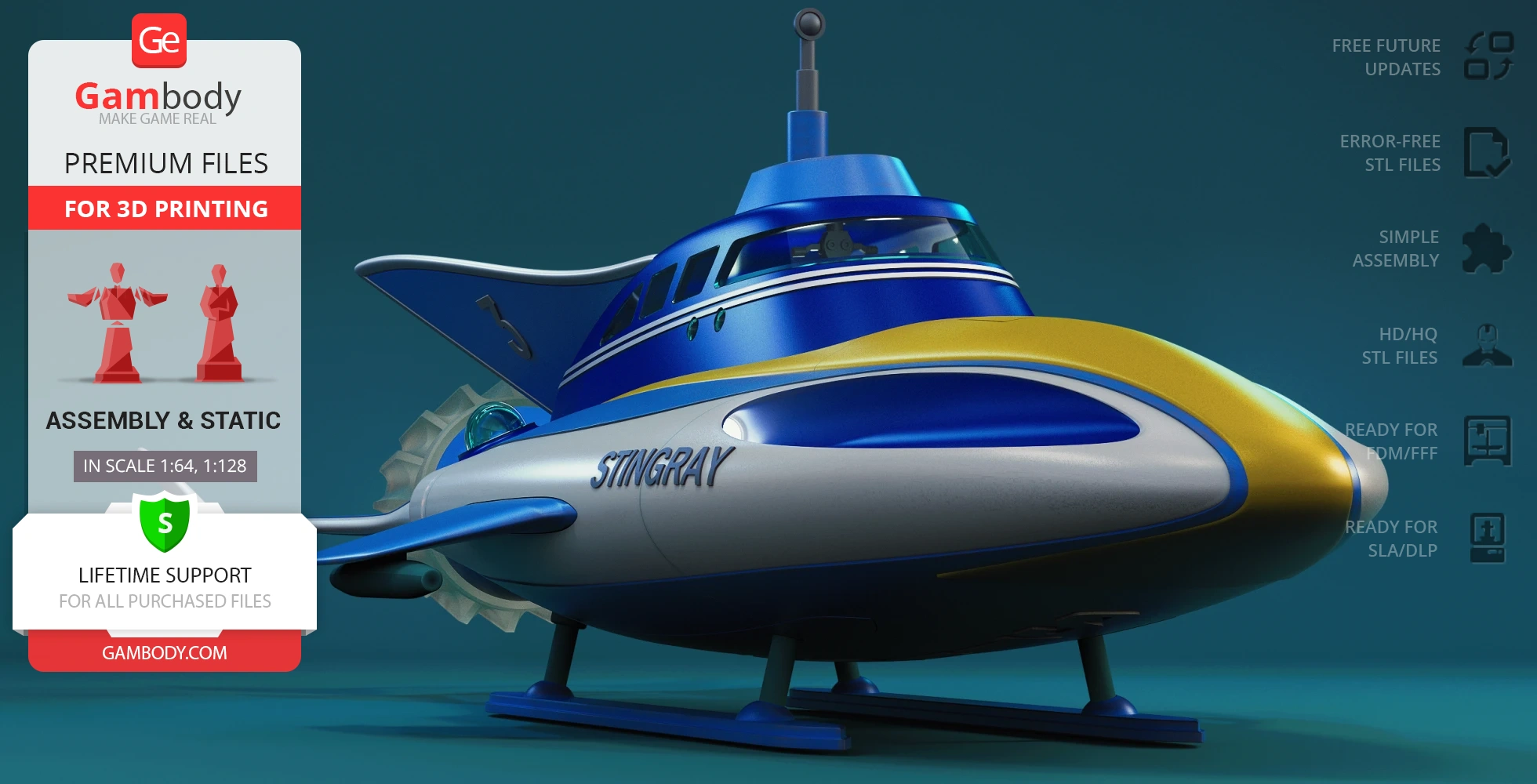 Futuristic blue and yellow submarine model named Stingray, designed for 3D printing.