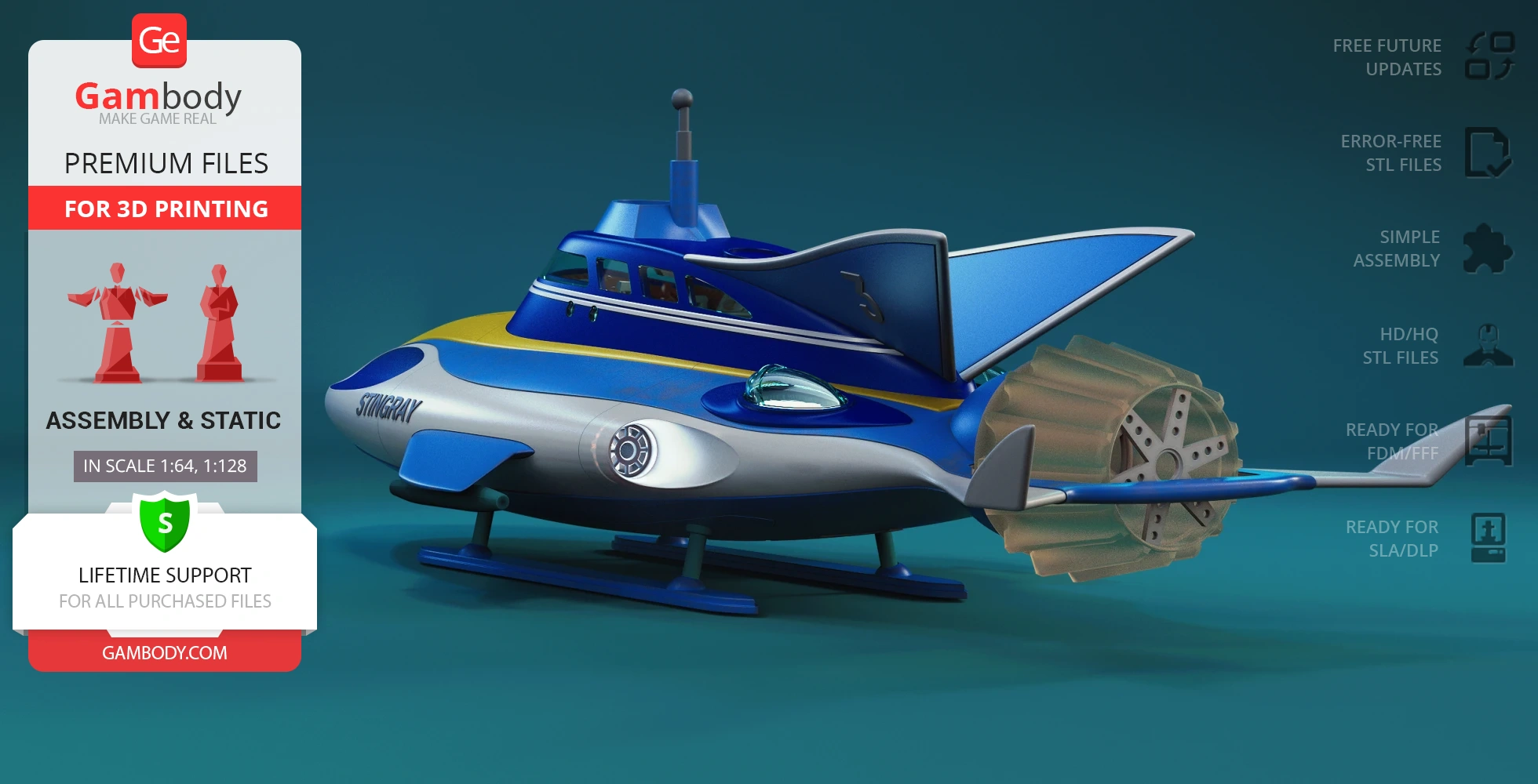 A detailed 3D model of a futuristic blue and yellow submarine-like vehicle with propellers, titled "Stingray."