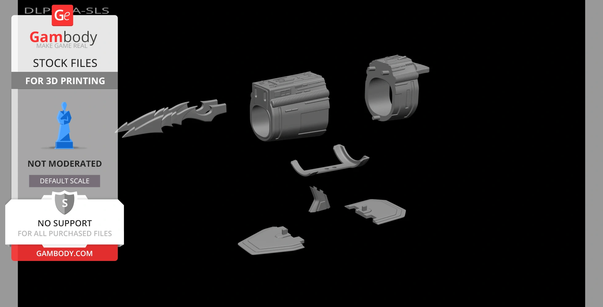 3D model parts of a Predator gauntlet forearm, shown disassembled for printing.