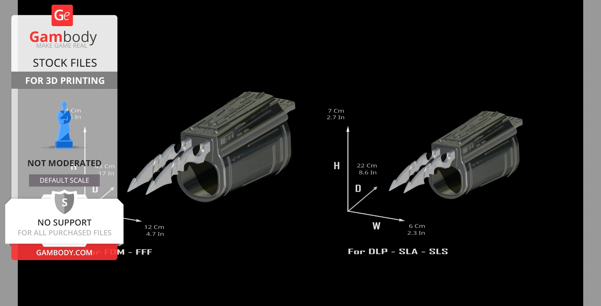3D model of a Predator right forearm gauntlet with blades, labeled for different 3D printing methods.