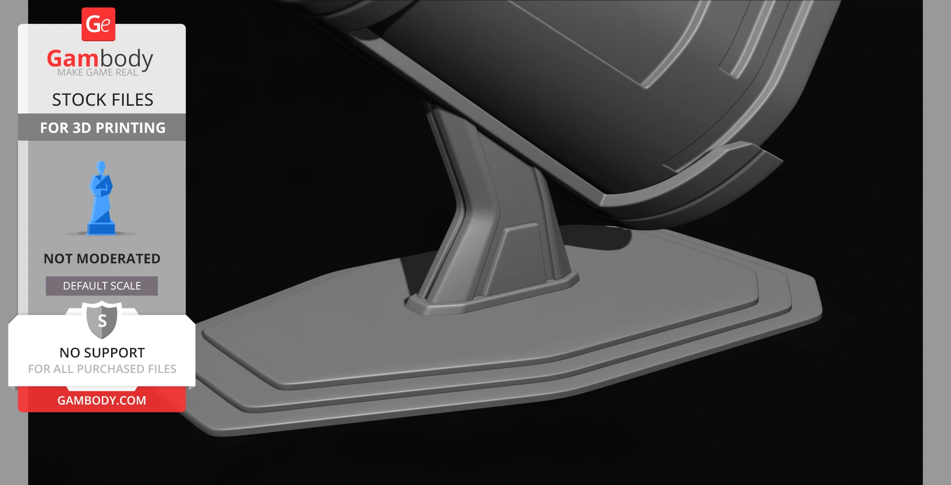 A 3D model of a detailed, futuristic forearm gauntlet with a stand, designed for 3D printing.