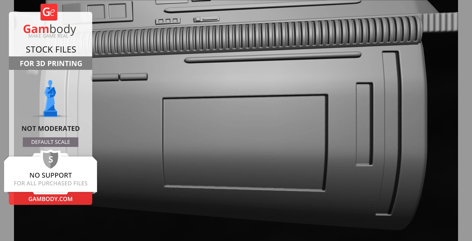 A detailed 3D model of a Predator gauntlet forearm with panel and ribbed textures for 3D printing.