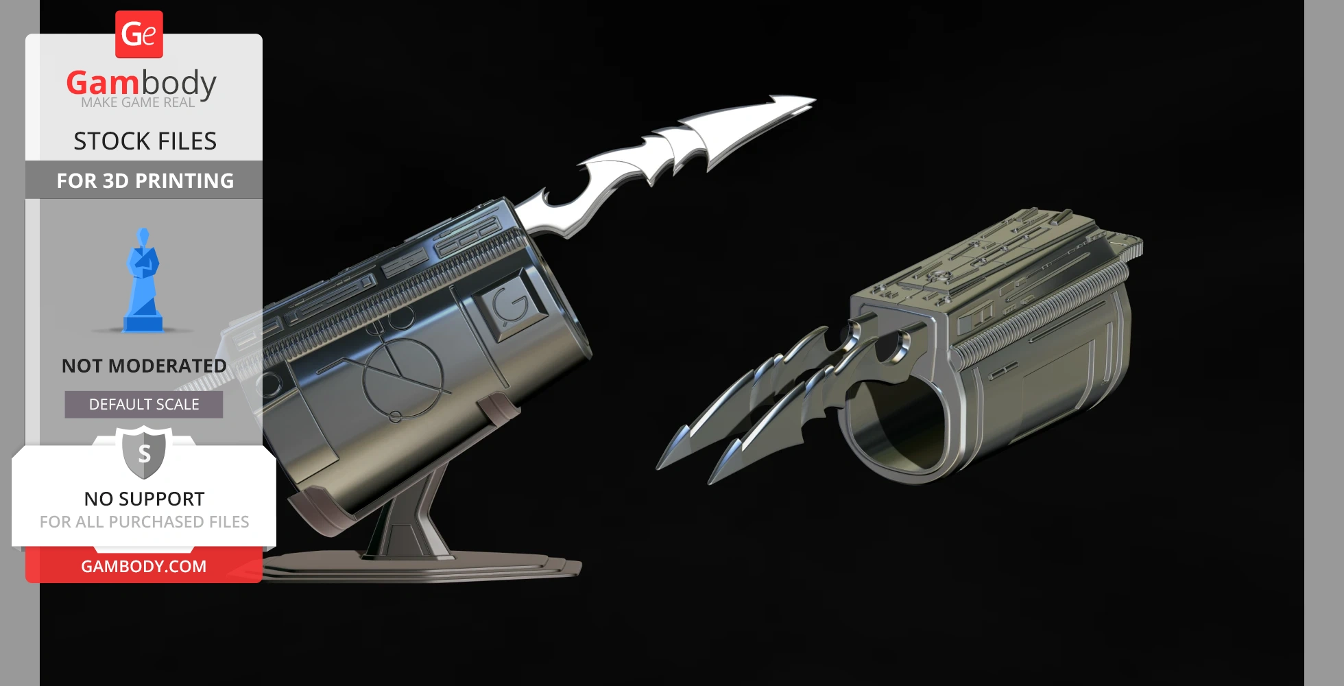 Detailed 3D printed Predator gauntlet forearm with blade attachments, shown in STL and OBJ formats.