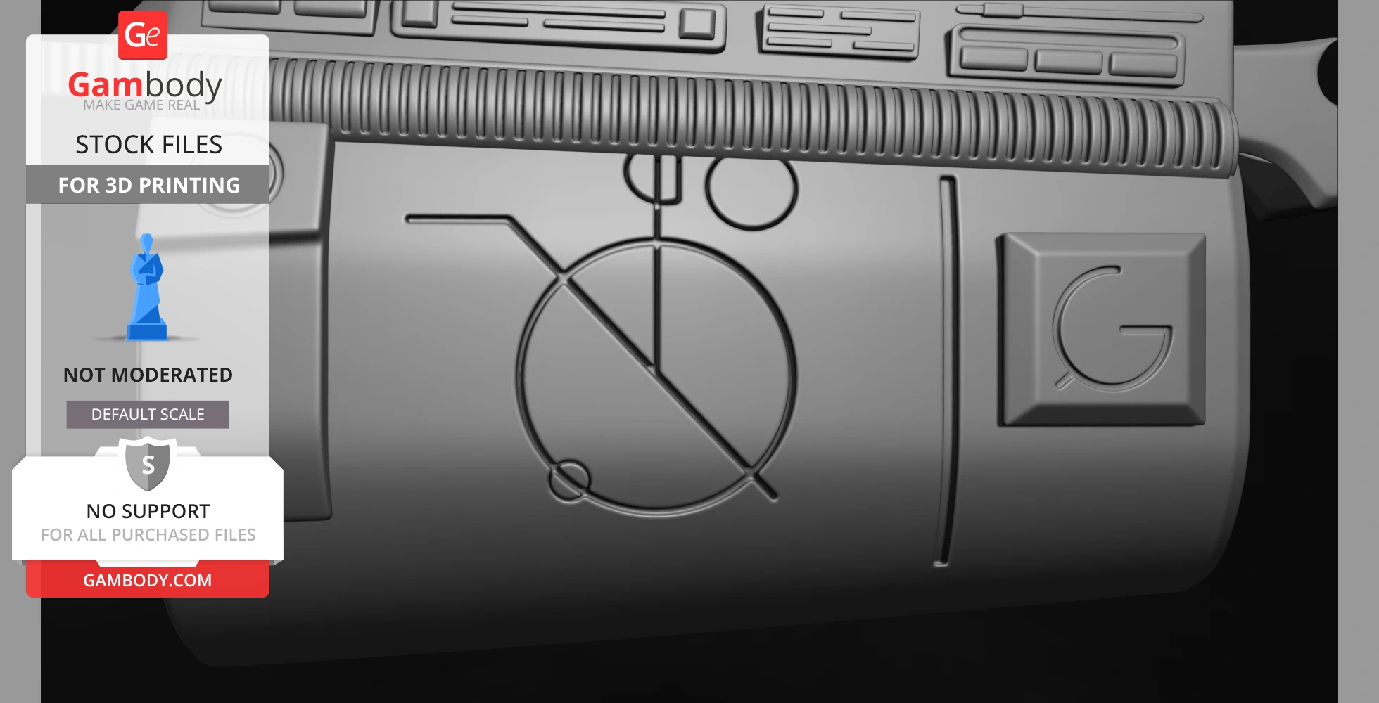 Futuristic forearm gauntlet design with engraved symbols and textured details for 3D printing.