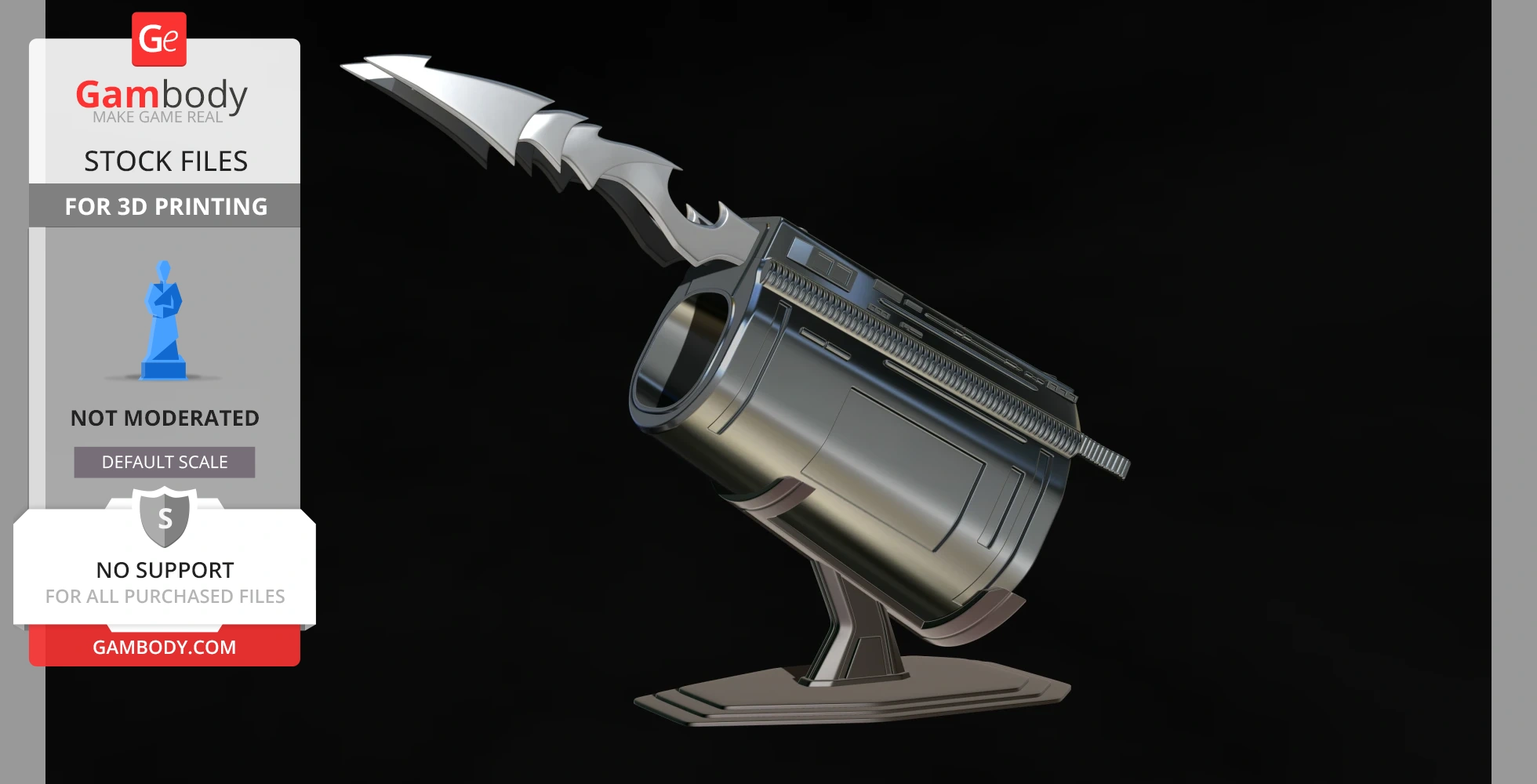 Futuristic forearm gauntlet with retractable blade, detailed for 3D printing, displayed on a stand.